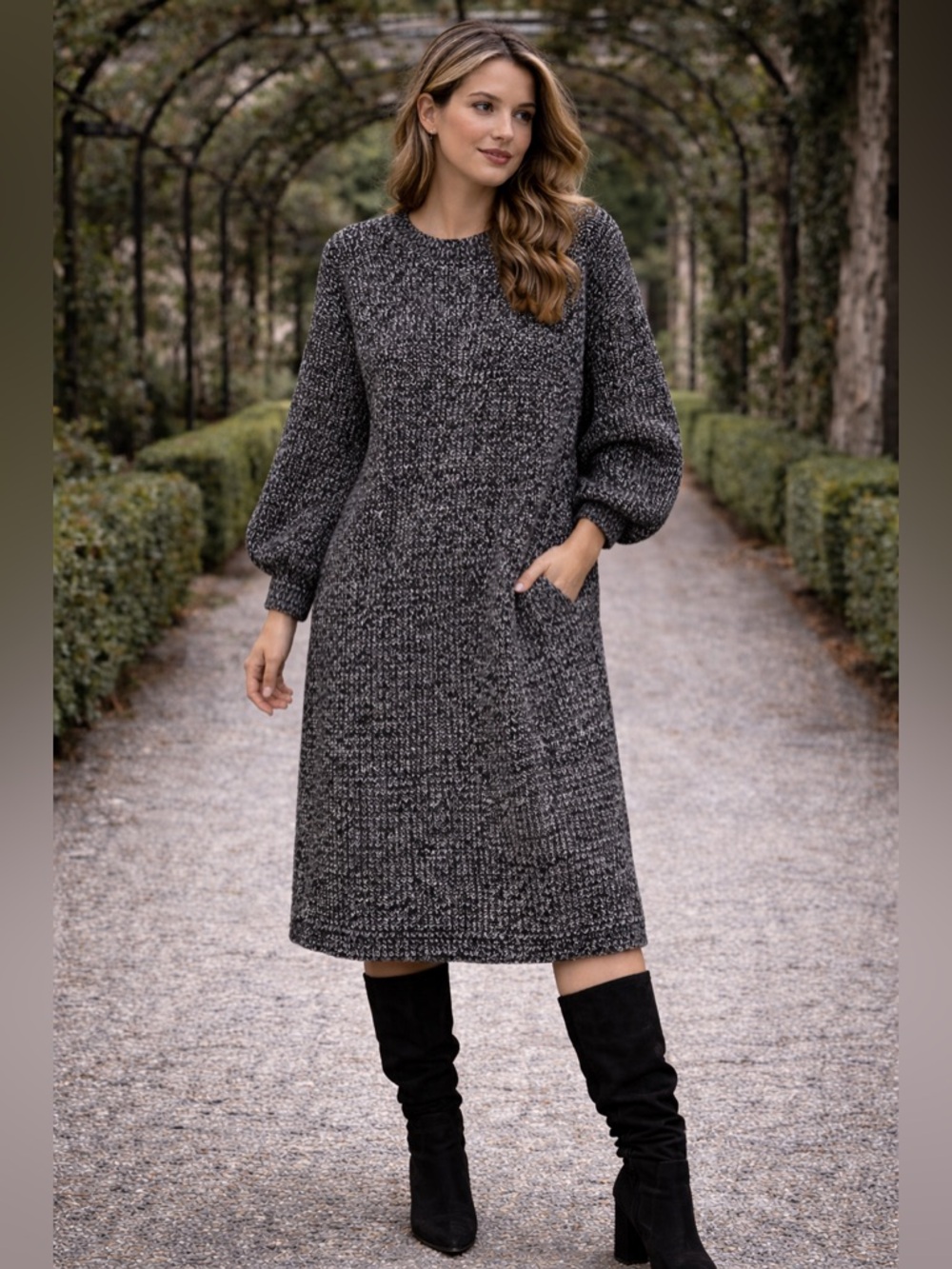 ZARA Knit Sweater Dress Black White Marled Oversized Balloon Sleeve Size M